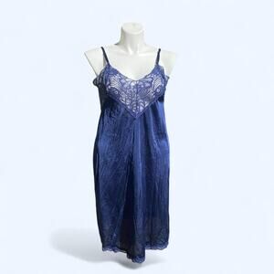 80s Vintage Navy Blue Slip Dress w/ Lace Top and Adjustable Straps